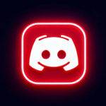 “Red neon Discord logo glowing on a dark background for !DueCourse™ community server.”