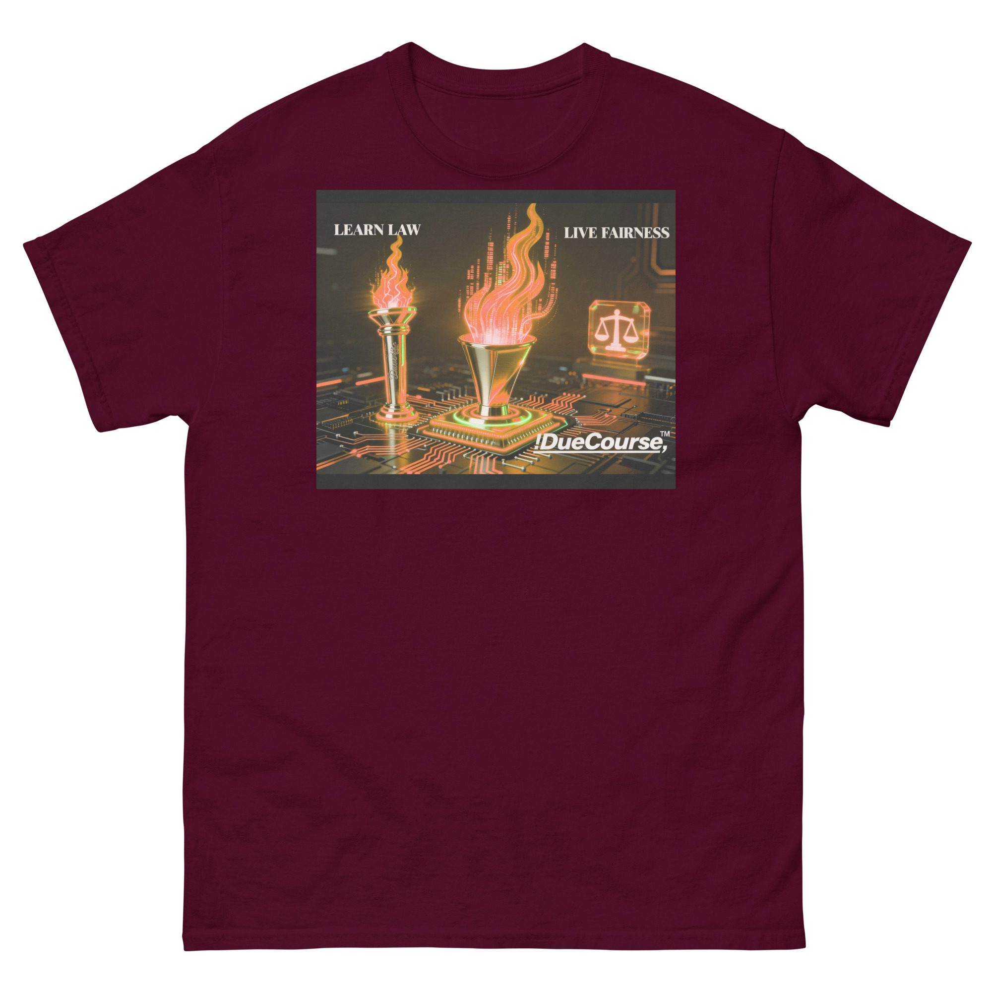 "!DueCourse™ Tech Torch T-Shirt featuring twin red torches over an orange AI-chip design"