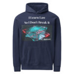 "!DueCourse™ sweatshirt with the slogan ‘I Study the Law So I Don’t Break It,’ featuring broken-glass legal forms on the ground, legal humor apparel"