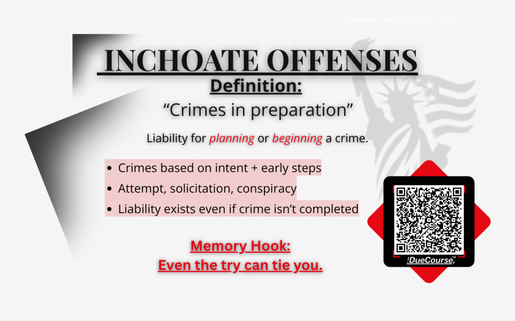 Traditional inchoate offenses law flashcard without visual focus frame, showing criminal law definition in standard study layout