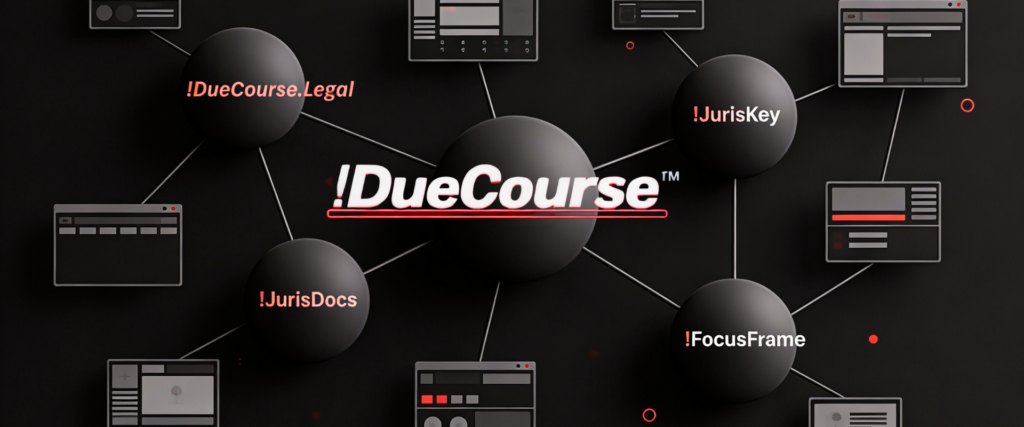 DueCourse legal education ecosystem diagram showing interconnected platforms for learning, analysis, and collaboration