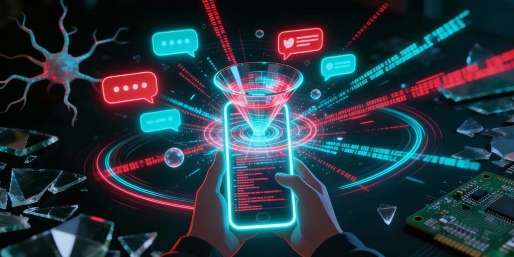 “Young boy studying calmly at his computer as notifications and digital elements flow through a red–cayenne funnel into his focus area, symbolizing organized information and smooth learning.”