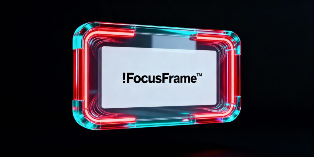“Neon red 3D geometric glass symbol featuring the !FocusFrame™ logo with glowing angular edges and a futuristic floating design.”