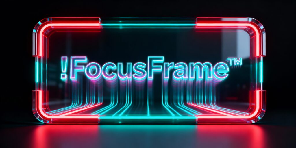 “3D glass !FocusFrame™ symbol with red and cayenne glow, featuring stylized melting text to represent cognitive overload and shifting focus.”