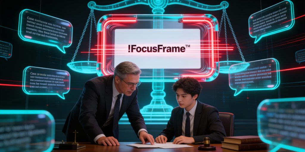 “Professional man in a suit mentoring a young student, with a large 3D glass !FocusFrame™ symbol glowing in the background, representing guided learning and expert support.”