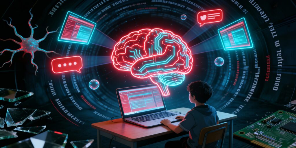 “Young boy using a laptop displaying a glowing brain image, surrounded by digital pop-up distractions and a red–cayenne tunnel background, symbolizing cognitive overload in modern learning.”