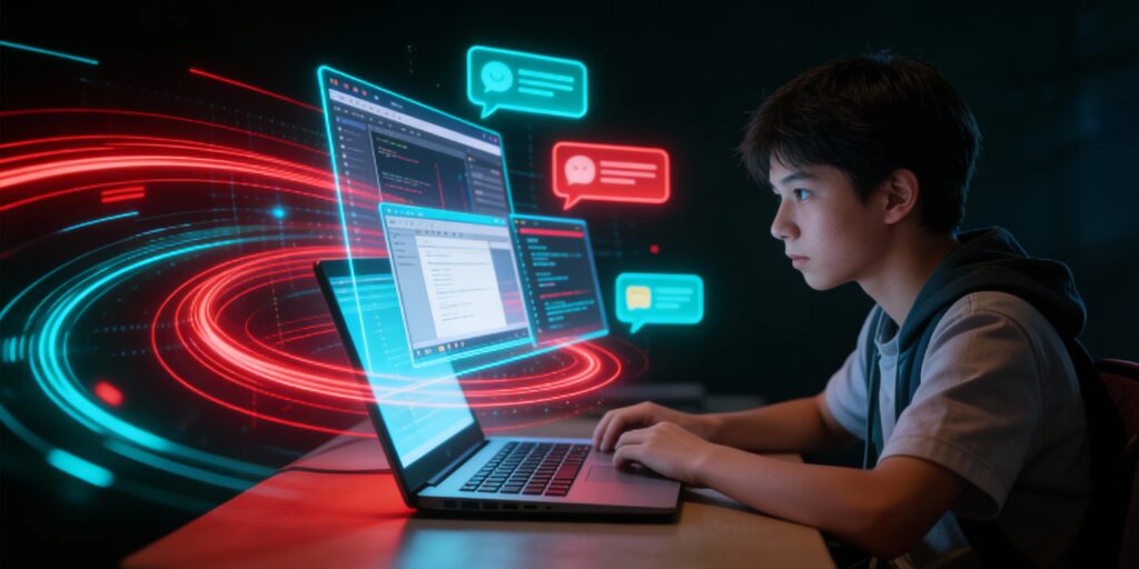 “Young boy studying calmly at his computer with controlled notifications and red–cayenne visual elements, representing a smooth, focused learning session.”