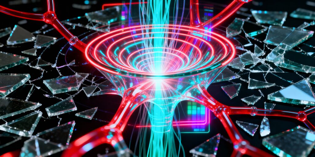 “3D downward funnel with red–cayenne neural pathways feeding into it, symbolizing information flowing into a focused channel of attention.”