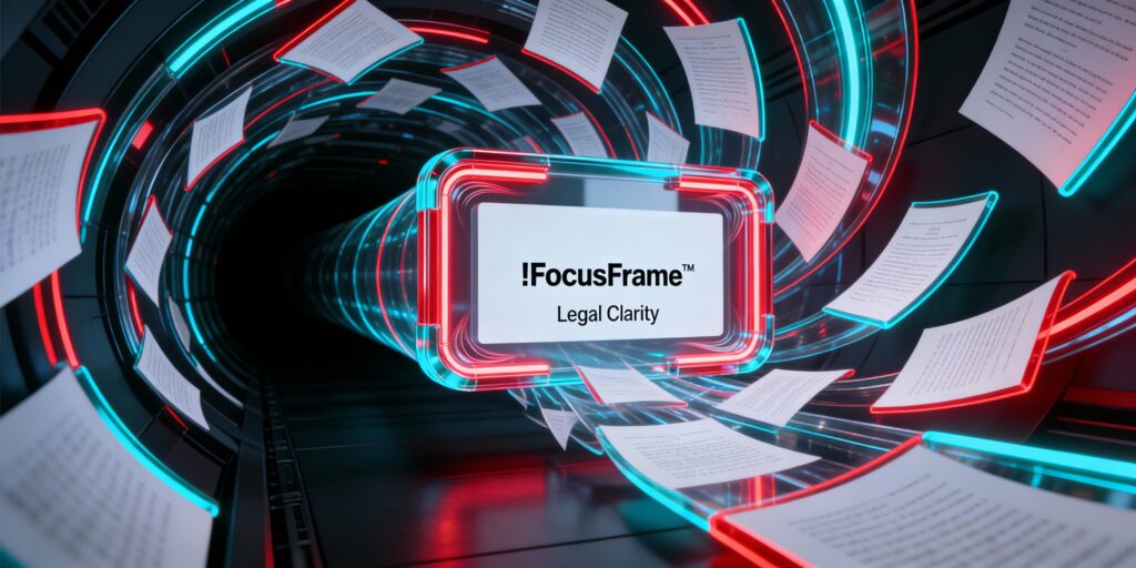 “!FocusFrame™ LegalClarity™ graphic featuring a glowing red frame and a whirlwind of legal documents flowing through a futuristic tunnel, symbolizing organization, focus, and streamlined understanding.”