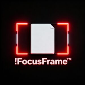 !FocusFrame™ visual structure applied to a white document form with folded corner on black background with red accents for focused legal reading