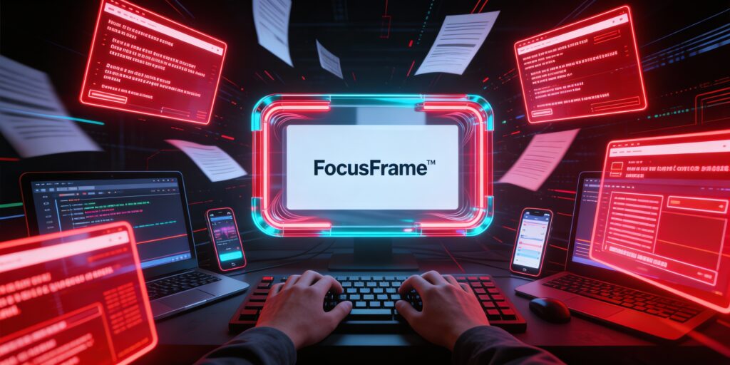 “Hands typing on a keyboard with a central !FocusFrame™ symbol and digital distractions surrounding the edges, representing focus under pressure.”