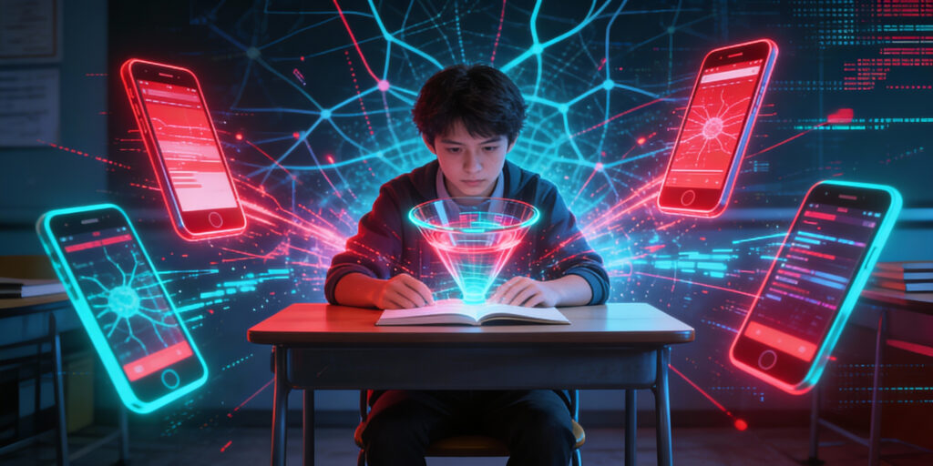 “Young boy studying with intense focus as multiple smartphone distractions surround him, set against a red and cayenne tunnel with electrical and neural-style visual effects symbolizing attention pressure.”