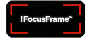 Minimalist !FocusFrame™ banner with angled red frame corners on a black background and white text