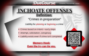 !DueCourse™ legal flashcard with red gradient FocusFrame borders highlighting the criminal procedure term “Inchoate Offenses.”