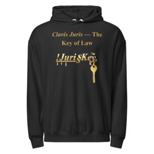 "!Juris Key™ ‘Clavis Juris’ premium sweatshirt displaying a golden key graphic and Latin phrase meaning ‘the key to law,’ designed for legal professionals"