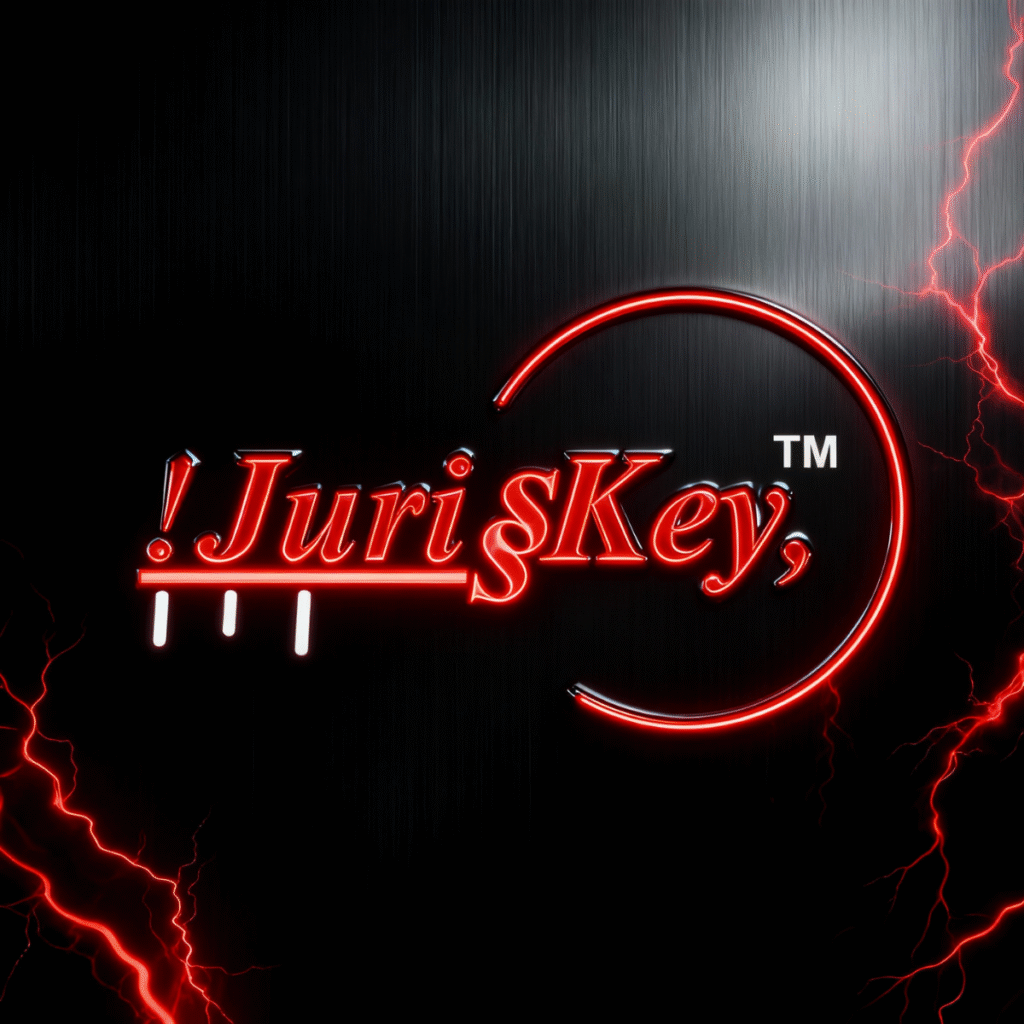 Ultra-futuristic !JurisKey™ logo in glowing red on black background representing advanced bar-level legal education and professional exam prep
