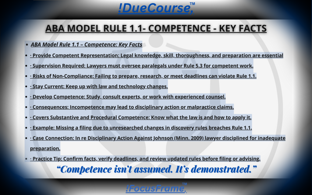 ABA Model Rule 1.1 competence flashcard back explaining the lawyer’s duty of competence