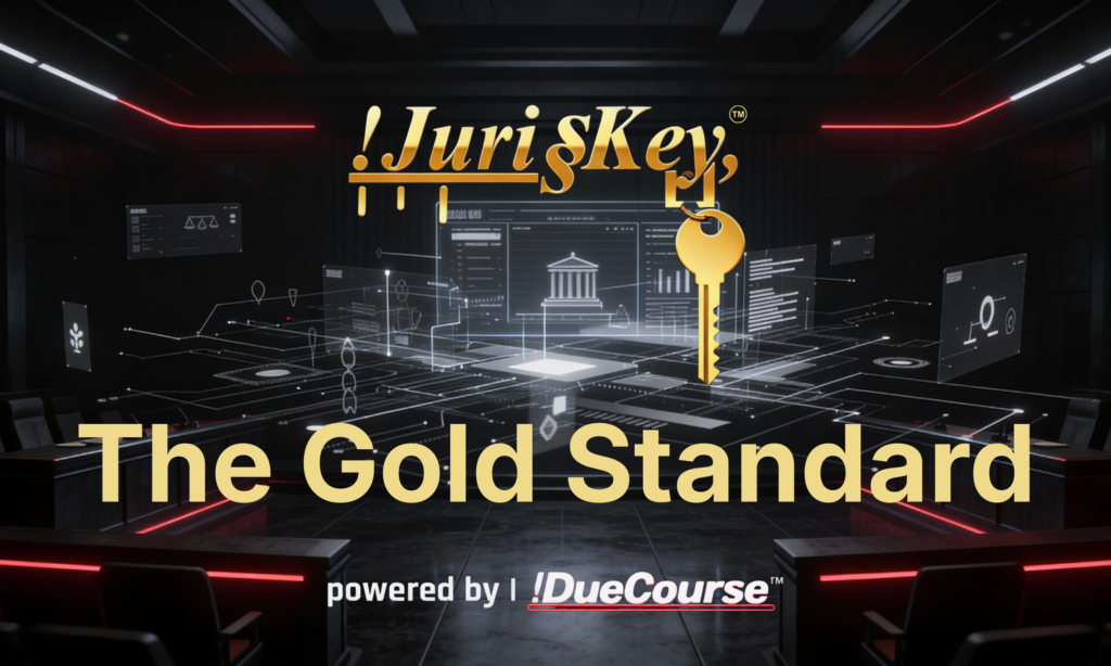 Golden !JurisKey™ logo with a hanging gold key on a red, black, grey, and white background, displaying the text “The Gold Standard” and a “Powered by !DueCourse™” badge.