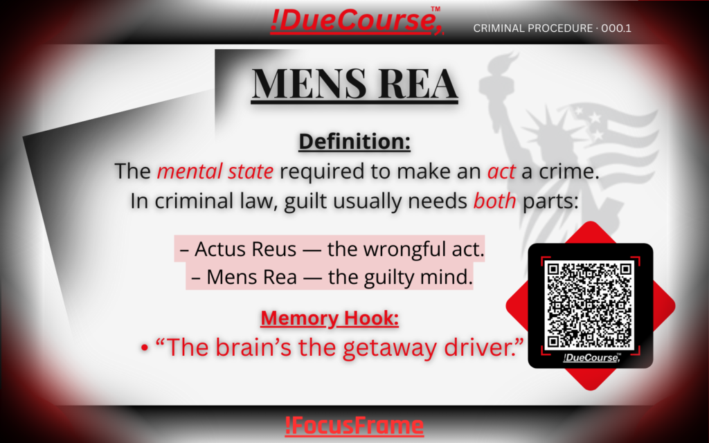 Mens rea flashcard front showing the legal term mens rea, meaning criminal intent or mental state