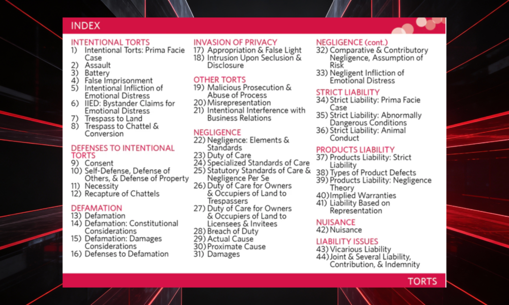 Front of a tort law bar exam flashcard labeled “Index,” shown for comparison with original branding obscured