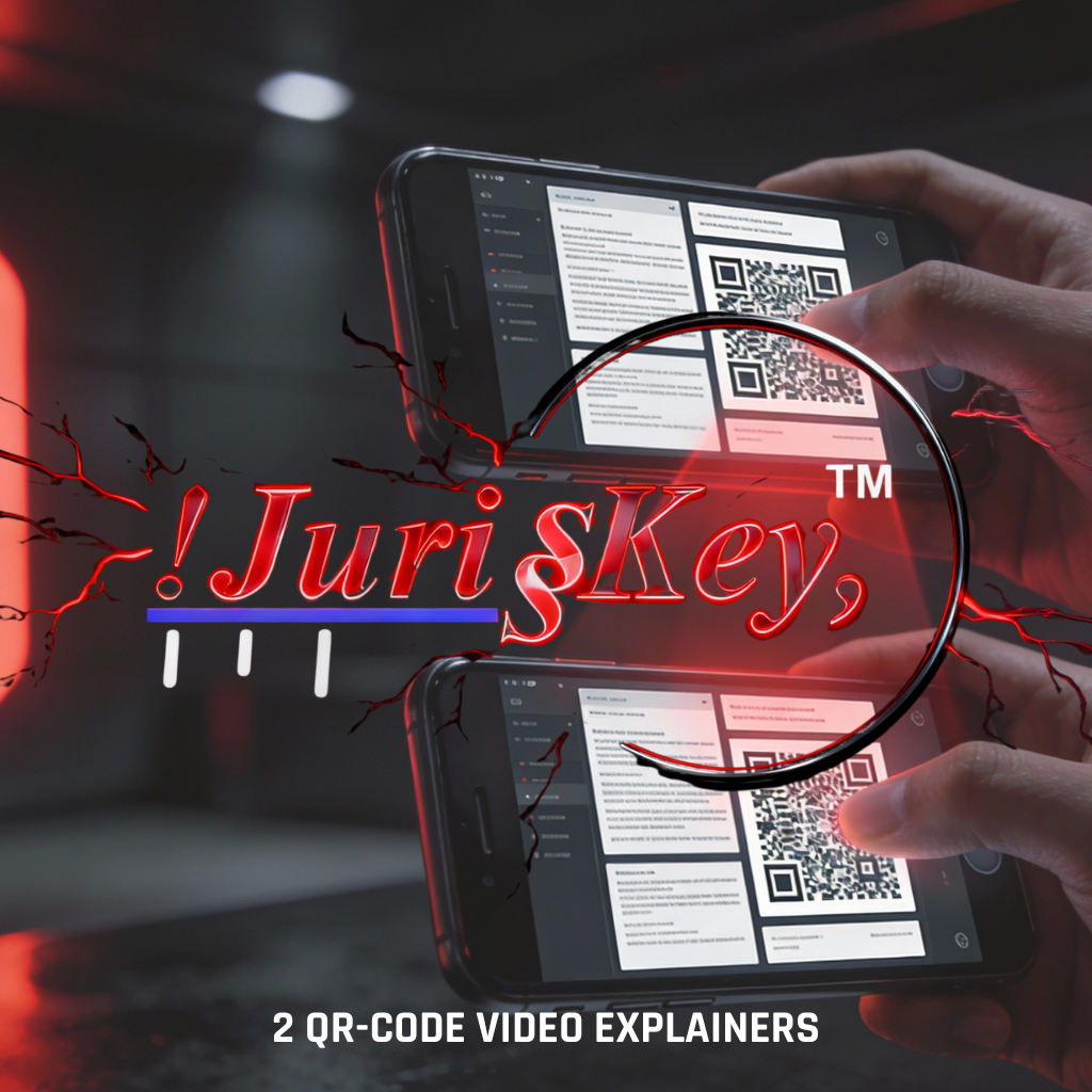 Two smartphones displaying QR codes for !JurisKey™ video explainers, showing dual learning paths for legal concepts