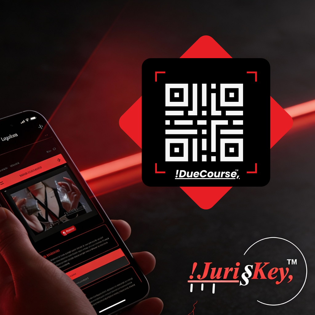 Hand holding a smartphone playing a Juris Key™ legal video explainer, with a large Due Course™ QR code displayed in a red and black color theme.
