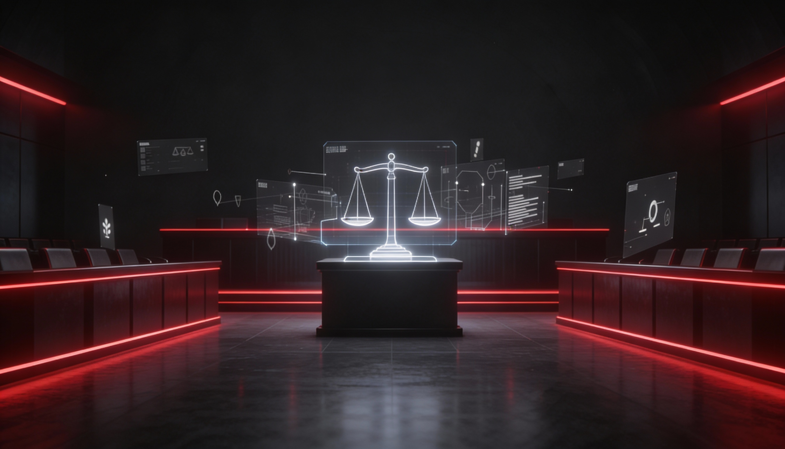 Futuristic scales of justice in a modern red and black legal setting, symbolizing balance and fair comparison