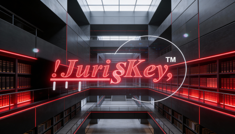 !JurisKey™ logo displayed in a historic law library with shelves of aged legal books, muted gray tones, and subtle red highlights.