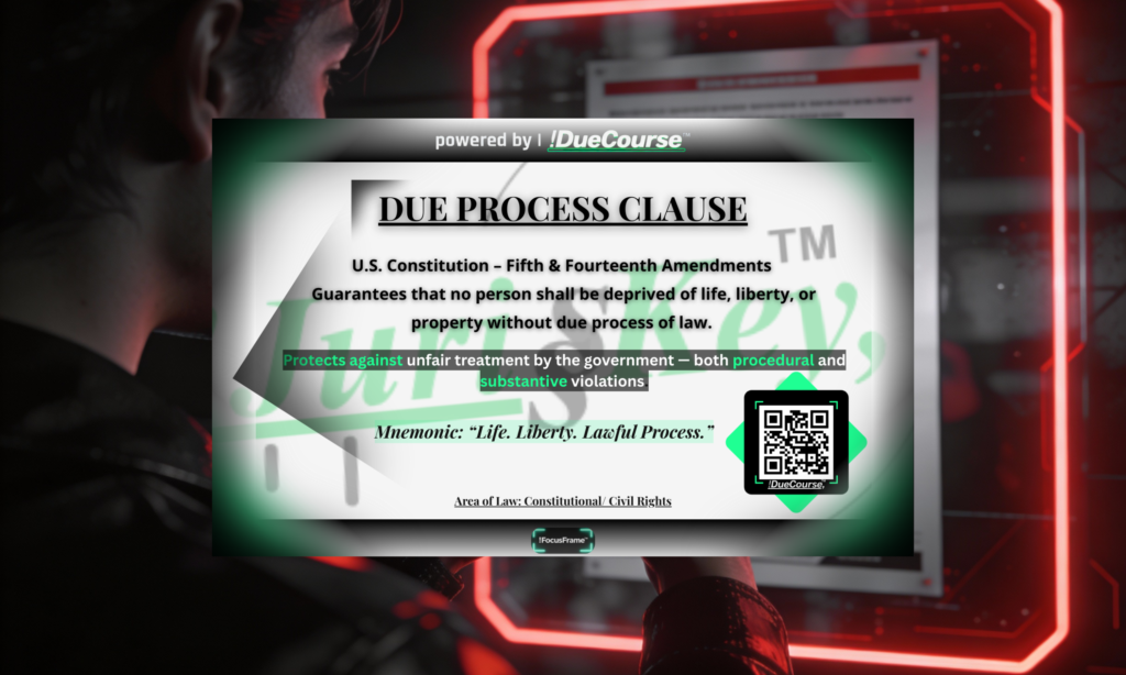 !JurisKey™ Due Process mock-up card in sea moss green, featuring a !FocusFrame™ design layout as part of the !DueCourse™ legal learning system.