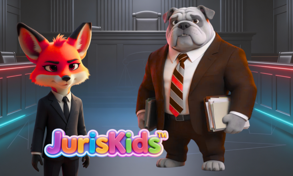 Animated JurisKids™ characters Lex Fox in a suit and attorney George Hoyas the bulldog holding case files in a courtroom.