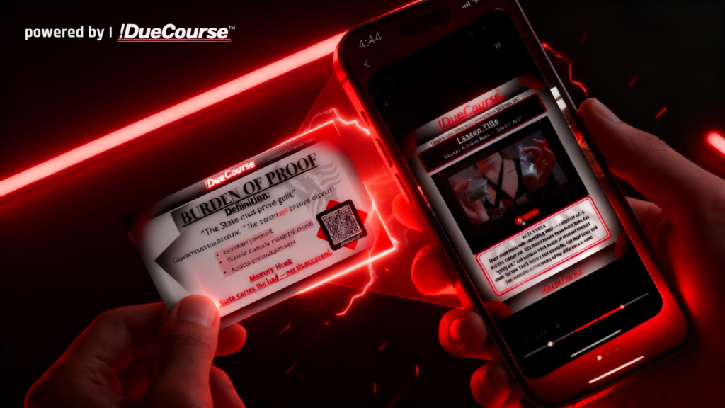 Smartphone scanning a DueCourse™ legal study card titled “Burden of Proof,” with red lightning effects and a high-tech interface activating the lesson content.