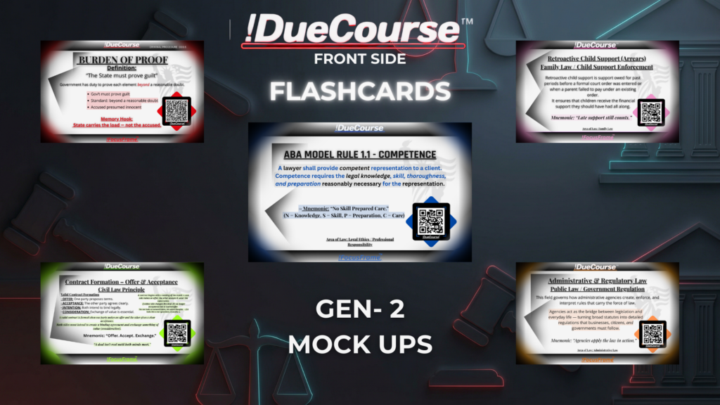 !DueCourse™ Gen 2 legal flashcards back view featuring QR codes, supporting visuals, and extended learning content linked to digital lessons.