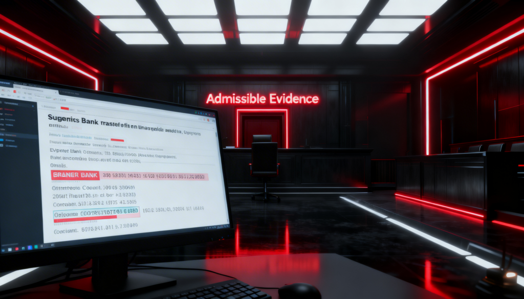 Courtroom door labeled “Evidence” representing admissibility under the Federal Rules of Evidence and the concept that only relevant evidence may enter