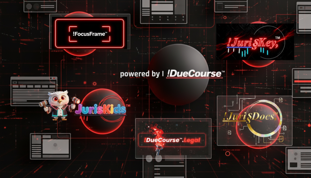 Futuristic !DueCourse™ legal ecosystem display with glowing red interface connecting !JurisKey™, !JurisDocs™, JurisKids™, !FocusFrame™, and !DueCourse™.legal.
