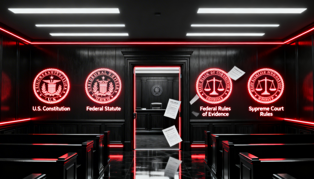 Courtroom door labeled “Evidence” representing admissibility under the Federal Rules of Evidence