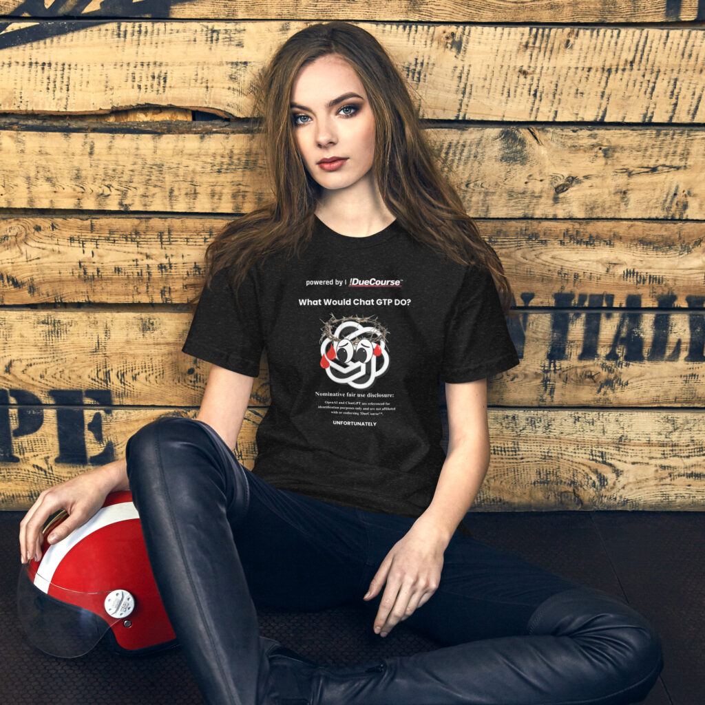 woman wearing funny ChatGPT parody t shirt AI humor clothing mockup
