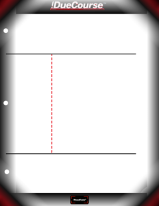 Cornell-style notes template with !FocusFrame™ and !DueCourse™ branding, featuring cue column, main notes section, and summary area for structured study.