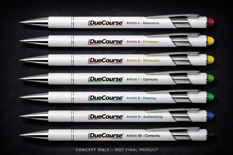 !DueCourse™ color-coded gel pens labeled by Federal Rules of Evidence articles, including Article 6 witnesses and Article 8 hearsay.