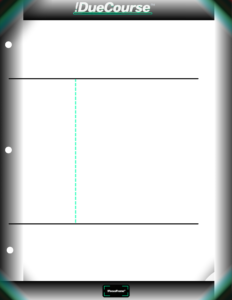 Cornell-style notes template with !FocusFrame™ and !DueCourse™ branding, featuring cue column, main notes section, and summary area for structured study.