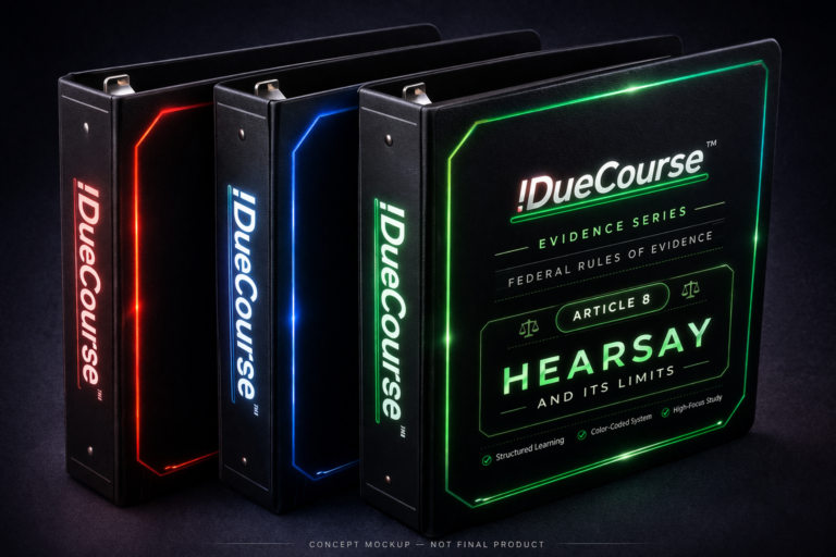 !DueCourse™ Evidence Series binders with color-coded designs, featuring Federal Rules of Evidence articles including Article 8 hearsay and its limits.