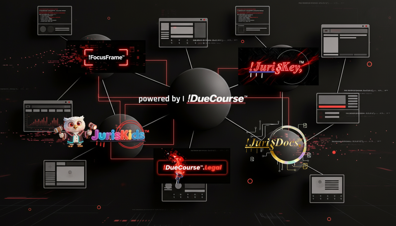 “Visual ecosystem of the !DueCourse™ brand showing !FocusFrame™, !JurisKey™, !JurisDocs™, JurisKids™, and DueCourse.legal™ interconnected as a legal education and technology platform.”